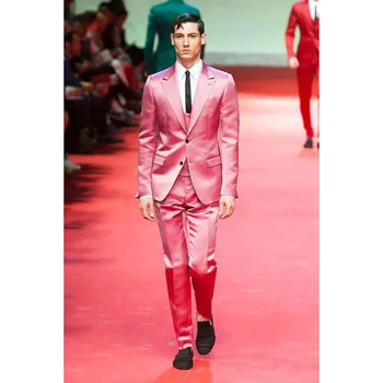  Последнее пальто Брюки Дизайн Ярко-розовый атласный мужской костюм Изготовленный на заказ Slim Fit Смокинг 3 шт. Нежный комплект Prom Party Blazer Terno Masculino