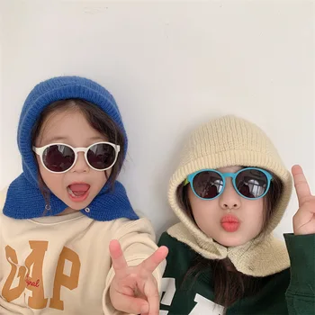 Kpop Детская балаклава Вязаный шарф Шапка Зима Теплая шапка-бини для маленьких девочек Мальчики Корейский однотонный детский шапочка для защиты ушей