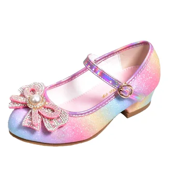 Кожаная обувь принцессы для девочек 2023 Детская обувь с круглым носком и мягкой подошвой Девочки Высокий каблук Принцесса Кристалл Вечеринка Танцевальная обувь 0