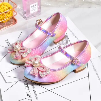 Кожаная обувь принцессы для девочек 2023 Детская обувь с круглым носком и мягкой подошвой Девочки Высокий каблук Принцесса Кристалл Вечеринка Танцевальная обувь 1