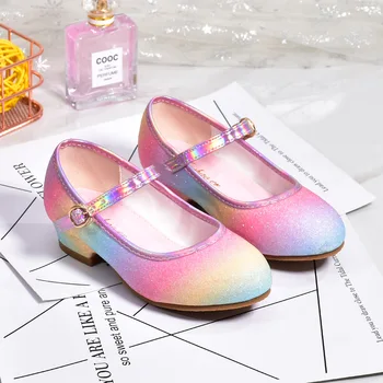 Кожаная обувь принцессы для девочек 2023 Детская обувь с круглым носком и мягкой подошвой Девочки Высокий каблук Принцесса Кристалл Вечеринка Танцевальная обувь 2