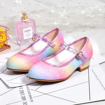 Кожаная обувь принцессы для девочек 2023 Детская обувь с круглым носком и мягкой подошвой Девочки Высокий каблук Принцесса Кристалл Вечеринка Танцевальная обувь 3