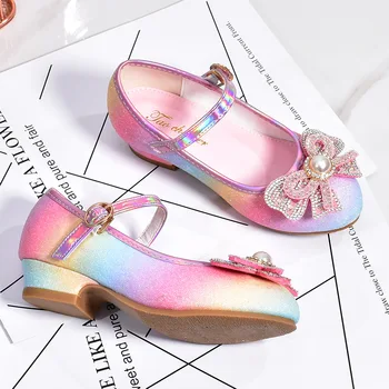 Кожаная обувь принцессы для девочек 2023 Детская обувь с круглым носком и мягкой подошвой Девочки Высокий каблук Принцесса Кристалл Вечеринка Танцевальная обувь 5