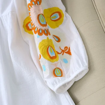 Новый летний летний хлопковый льняной блузка с длинным рукавом Футболка с вышивкой Женская пляжная блузка с V-образным вырезом Хлопок Свободный топ Повседневная 4