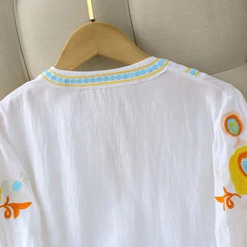 Новый летний летний хлопковый льняной блузка с длинным рукавом Футболка с вышивкой Женская пляжная блузка с V-образным вырезом Хлопок Свободный топ Повседневная 5
