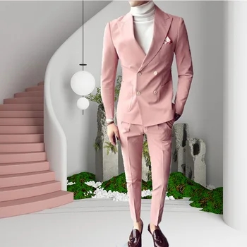 Розовый Мода Sunshine Мужчины Костюмы Двубортные 2 шт. (Куртка + Брюки) Остроконечный воротник Приталенный комплект для свадебной вечеринки Смокинги