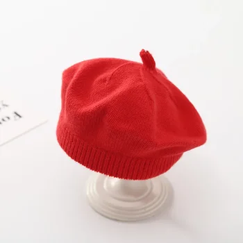 Однотонная детская шапка-берет Зимняя теплая вязаная шапка-бини для девочек Корейский малыш Принцесса Художник Художник Кепки