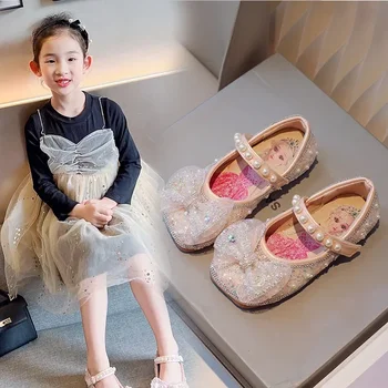Новая блестящая обувь принцессы Милая девушка Сандалии Галстук-бабочка Платформа Обувь для вечеринок Удобная обувь для девочек Сандалии Размер 23-34 0