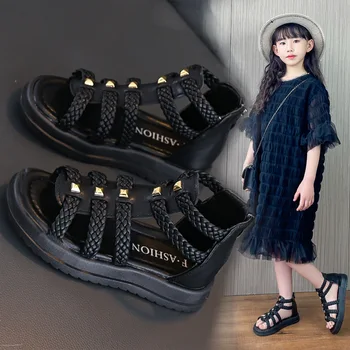 Сандалии для девочек 2023 Лето Новая Корейская Мода Детская Калиге Высокий Топ Сзади Молния Принцесса Детская обувь