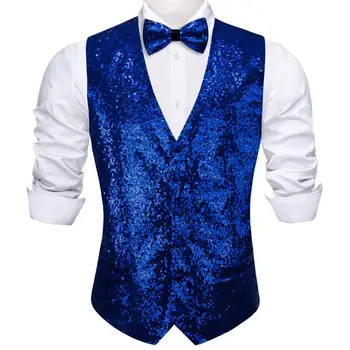 Дизайнерский жилет для мужчин Шелковый блеск Королевский синий однотонный жилет Галстук-бабочка Свадебная вечеринка Формальный пиджак без рукавов Barry Wang