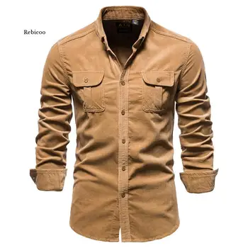 Новая однобортная мужская рубашка из 100% хлопка Деловая повседневная мода Однотонная вельветовая мужская рубашка Осень Тонкая рубашка Мужчины