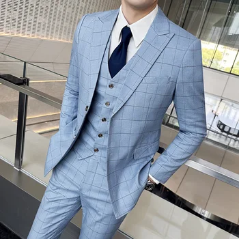 2023Мужское качество (костюм + жилет + брюки) Свадебный костюм Мода Тройка Корейская версия Облегающий деловой повседневный костюм Свадьба