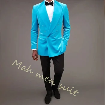 Мужские костюмы Синий двубортный блейзер Смокинговые комплекты Свадебные мужчины Slim Fit Custome Большой размер Бизнес Элегантный 2шт Куртка Брюки