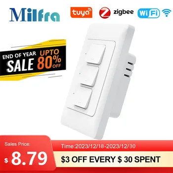 Milfra Smart Light Switch WiFi Zigbee Нейтральный провод не требуется AU KR Brazil Настенные кнопочные переключатели 1/2/3Gang AC100V-250V 50/60 Гц