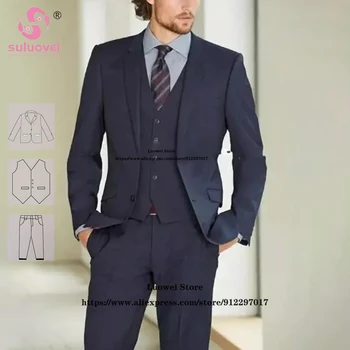 Классический темно-синий облегающий костюм для мужчин 3 шт. брюки набор формальный жених свадебная вечеринка выпускной смокинг мужской деловой блейзер masculino
