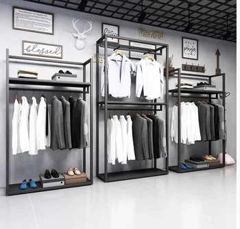 Черная витрина магазина одежды мужские полки от пола до пола двухслойные вешалки для витрин Железная металлическая стойка для сумок