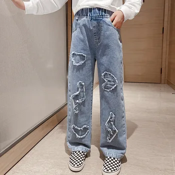 Новое поступление Девушки Джинсы Широкие штанины Прямые хлопковые детские рваные джинсы Свободные джинсовые брюки Мода Детская одежда для больших девочек