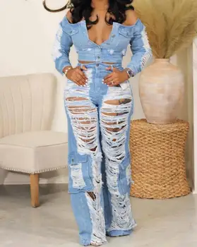 Женские джинсовые брюки 2023 года Мода с высокой талией и вырезом кармана Дизайн рваных джинсов Y2K Брюки Уличная одежда Базовая одежда