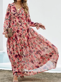 Длинное платье с цветочным принтом Женщины Осень с длинным рукавом V-образным вырезом Платье с оборками Бохо Vinatge Повседневное макси-платье Элегантное свободное платье A Line