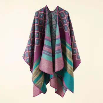 Теплый повседневный женский платок пончо накидки женское пальто новое геометрическое полосатое осень-зима узор имитация кашемира фиолетовый с капюшоном