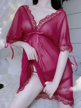 Футболка Мини-платье V-образным вырезом Сексуальные женщины Сексуальное кружево Сексуальное сексуальное платье Элегантная прозрачная мода Кореянки Женщины Топы D7C7