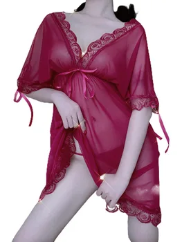 Футболка Мини-платье V-образным вырезом Сексуальные женщины Сексуальное кружево Сексуальное сексуальное платье Элегантная прозрачная мода Кореянки Женщины Топы D7C7 4