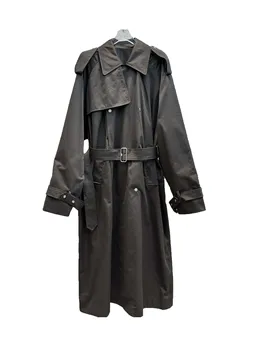 Ветровка куртка с лацканом, длинный свободный крой, однотонный с дизайном ремня, теплый и комфортный, 2023 зима, новинка 1212