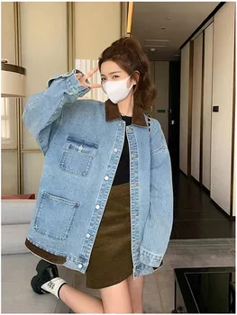 корейский стиль Женская синяя джинсовая карманная куртка Новый лацкан Пальто с длинным рукавом Мода Весна Осень Пальто
