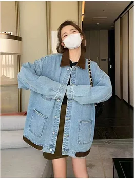 корейский стиль Женская синяя джинсовая карманная куртка Новый лацкан Пальто с длинным рукавом Мода Весна Осень Пальто 1