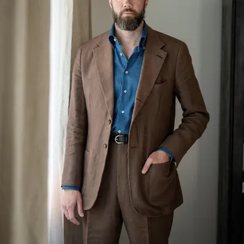 Льняные костюмы для мужчин Большой и высокий шоколадный однобортный пиджак с брюками Мужская одежда Regular Fit Everyday Wear