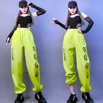 Новый хип-хоп одежда Женская группа Джаз Танцевальные костюмы Черный боди Зеленые брюки Уличная танцевальная одежда Сценический Kpop наряд SL8197