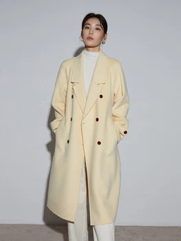 DUSHU 100% шерсть реглан рукав дизайн женские шерстяные куртки овсяного цвета зубчатый воротник двубортные женские длинные желтые пальто 2