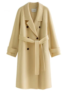 DUSHU 100% шерсть реглан рукав дизайн женские шерстяные куртки овсяного цвета зубчатый воротник двубортные женские длинные желтые пальто 4