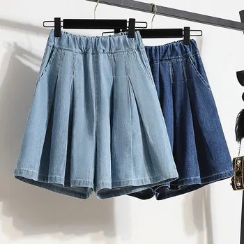 Женские джинсовые шорты Летние повседневные Свободные короткие джинсы с высокой талией Оверсайз Прямые широкие брюки Женские тонкие плиссированные шорты M-5XL