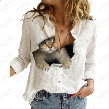 Женская рубашка с длинными рукавами Свободный и повседневный стиль Шифоновая рубашка Кошка с принтом Дышащий и удобный женский элегантный топ