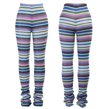 Женщины с высокой талией вязаные длинные брюки Многоцветные полосатые хипстерские узкие плиссированные сложенные брюки Винтаж Колокольчик Низ Вязание крючком