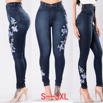 вышитые джинсовые джинсы с высокой талией, женские брюки, брюки-карандаши, модели, брюки, брюки, женские новые джинсы