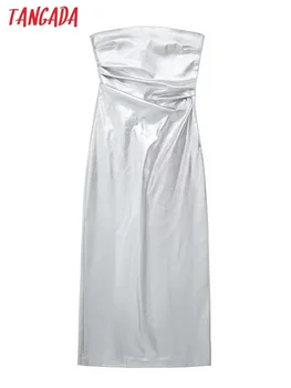 Tangada 2023 Женское серебряное платье без бретелек на молнии Женское сексуальное длинное платье 3H34