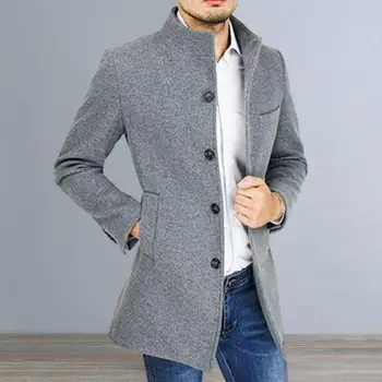 Шерстяное пальто с длинным рукавом Стильное мужское шерстяное пальто средней длины с воротником-стойкой Однобортные карманы Повседневные на осень 0