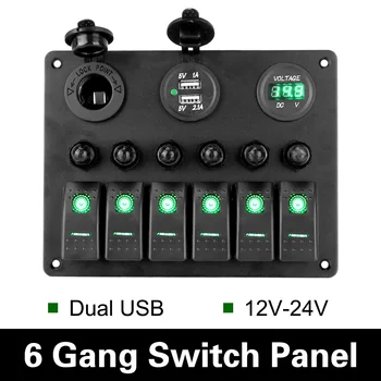  Два USB-порта DC 12 В / 24 В Цифровой вольтметр 6 Gang Rocker Switch Panel Алюминиевая панель Авто Морская лодка Цепной выключатель LED