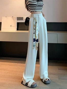  Белые женские брюки с высокой талией Весна 2023 Новая корейская мода на пуговицах Широкие брюки Офисные женские повседневные брюки