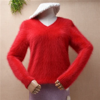 женские женские осень-зимние рождественские норковые красные кашемировые трикотажные трикотажные блузки с V-образным вырезом, пуловер, ангорский мех, джемпер, свитер, топы