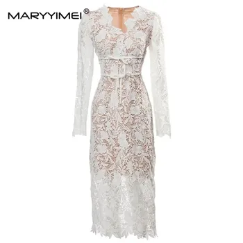 MARYYIMEI Модное дизайнерское платье Летнее женское платье с V-образным вырезом и длинным рукавом Полый пакет на шнуровке Платья для ягодиц