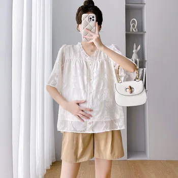 Sweet Pregnant Woman Комплект одежды Лето Рубашки с воротником с рюшами + Брюки на животе Twinset Большие размеры Шорты для беременных Две шт