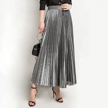2023 Весенняя металлическая плиссированная макси-юбка с высокой талией Harajuku Большие качели Золотые длинные юбки для женщин XXL Saias