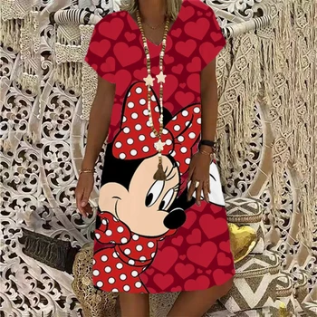 Disney Minnie Летнее платье Женские повседневные свободные платья Мини-платье с V-образным вырезом для женщин Элегантное базовое платье с коротким рукавом Femme Y2K