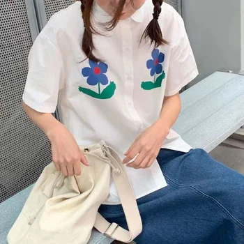  цветочный принт преппи стиль харадзюку белая винтажная женская рубашка корейские женские топы 2023 Kawaii Blusas Летняя повседневная рубашка на пуговицах