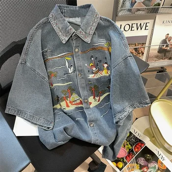 Sandro Rivers Винтажная джинсовая рубашка с коротким рукавом для женщин в стиле сафари, вышитая блузка, свободная уличная одежда, лето 0