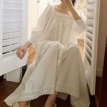 Викторианское ночное платье Женщины Весна Осень Белый Чистый хлопок с длинным рукавом Peignoir Винтаж Ночные рубашки Пижамы Принцесса Ночное белье