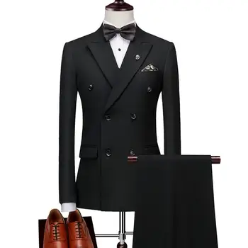 Двубортный мужской костюм Slim Fit Мужские формальные костюмы для мужчин Комплект Черный Серый Костюм Homme (Куртка + Брюки)